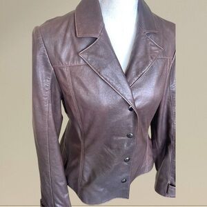 Henry Grethel Brown Leather Jacket Moto Tailored Buckle Accents Snap Front